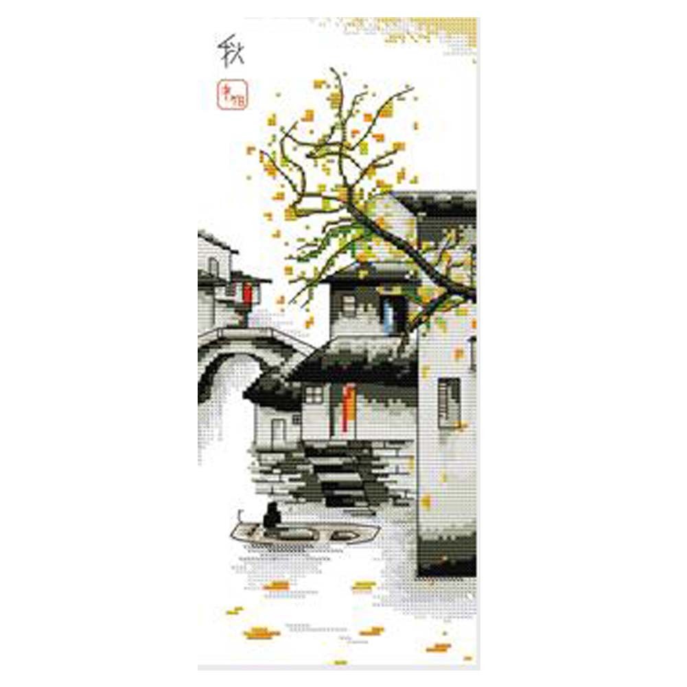 11CT Chinese Style Counted Cross Stitch Landscape Embroidery Kits DIY Needlework Ancient Watertown in Autumn, 9x18 inch