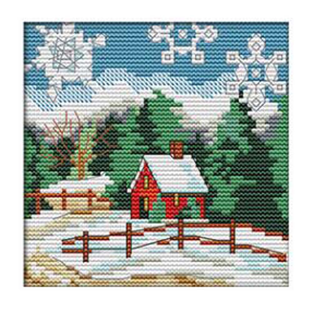 11CT Stamped Cross Stitch Kits DIY Embroidery Kits Living Room Wall Decor Seasonal Countryside Winter Landscape, 7x8inch