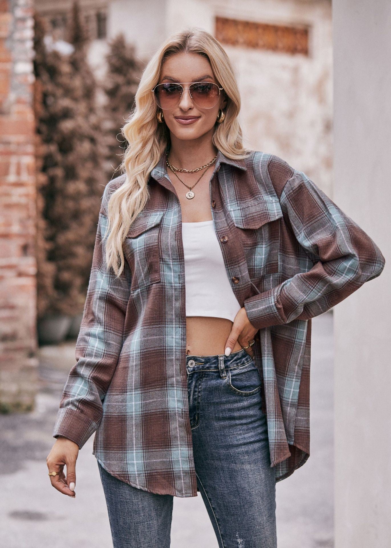 Women's Plaid Shacket Long Sleeve Button Down Flannel Shirts Plaid Jacket Coats With Chest Pocketed