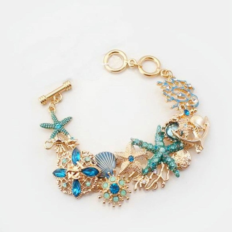 1pc Boho Ocean Element Bracelet Copper Inlaid Diamond Metal Starfish Coral Shell DIY Charm Bracelet Jewelry Accessories