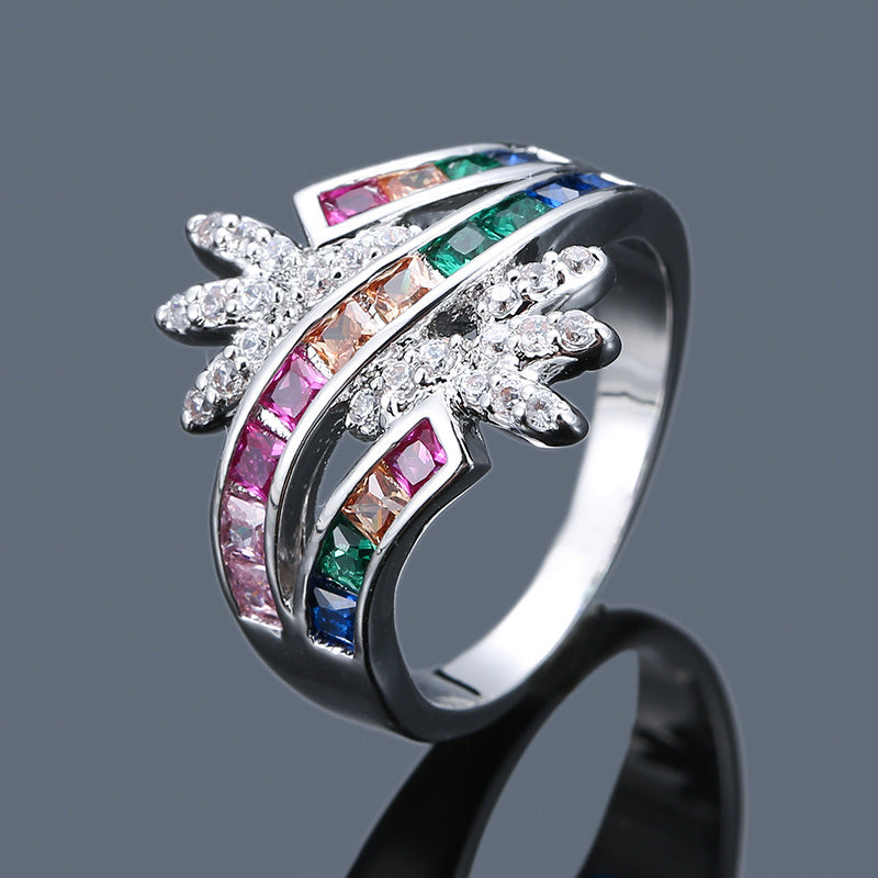 Colorful Zircon Ring 18K Gold Plated Luxury Jewelry Wedding Engagement Party Decor For Women Girls Gift