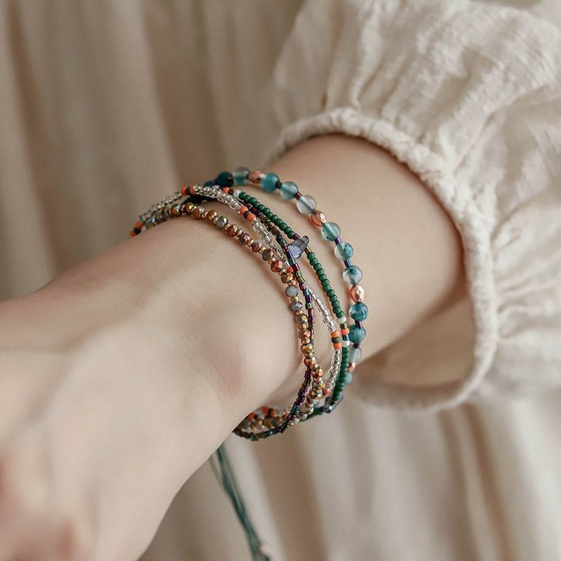 Bohemian Style Rice Bead Bracelet For Women, Multilayer Ethnic Style Bracelet Set, Natural Stone Handmade Braided Bead Bracelet, Adjustable Bracelet Jewelry