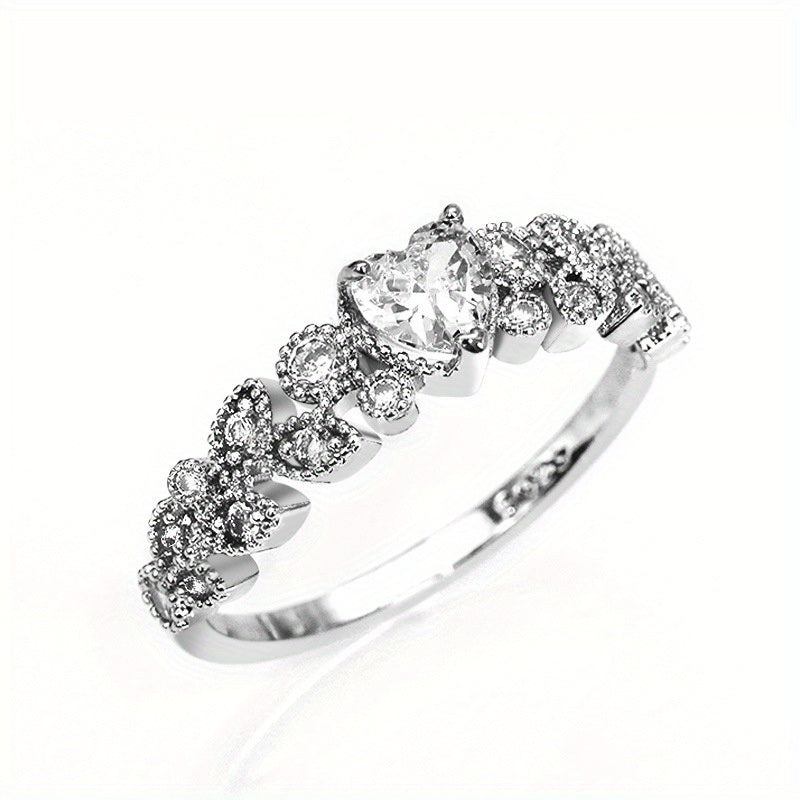 Exquisite Blue Zircon Ring Silver Plated Cute Heart Surrounded With Leaves Women's Promise Ring Fine Jewelry For Evening Party Cocktail Party