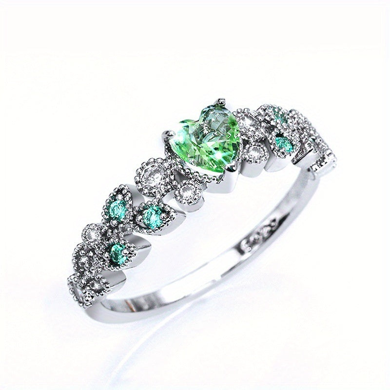Exquisite Blue Zircon Ring Silver Plated Cute Heart Surrounded With Leaves Women's Promise Ring Fine Jewelry For Evening Party Cocktail Party