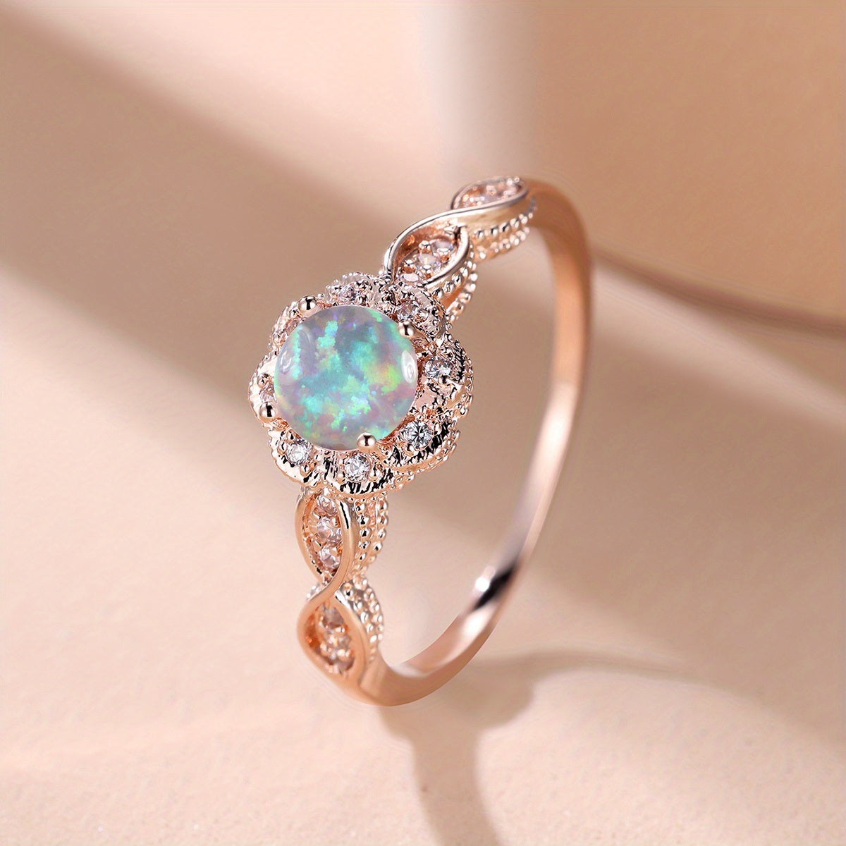 Elegant Flower Halo Ring Inlaid Round Cut Opal Light Luxury Simple Minimalist Finger Ring