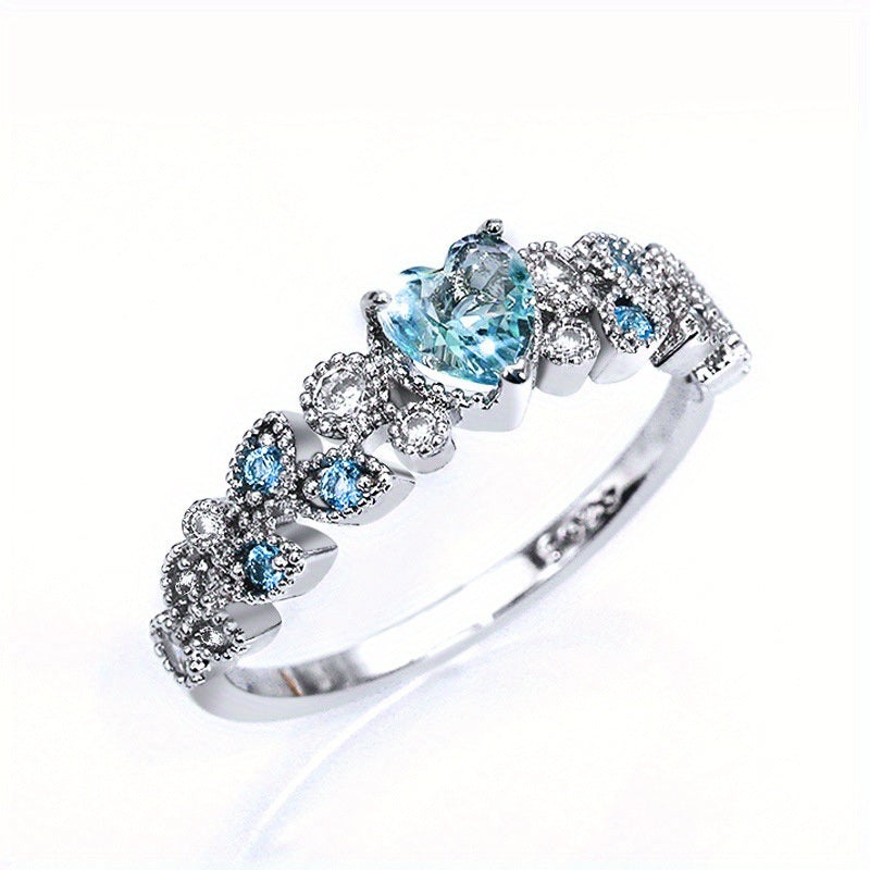 Exquisite Blue Zircon Ring Silver Plated Cute Heart Surrounded With Leaves Women's Promise Ring Fine Jewelry For Evening Party Cocktail Party