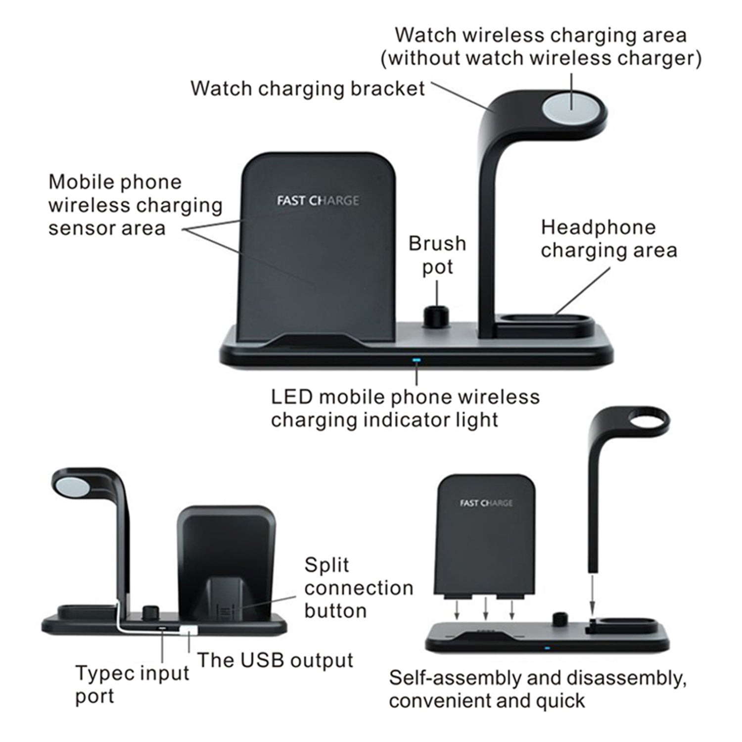 Besegad 4 in 1 Assemable Fast Wireless Charging Stand Dock Station for iPhone XS Max Apple Pencil iWatch Series 1 2 3 4 Airpods