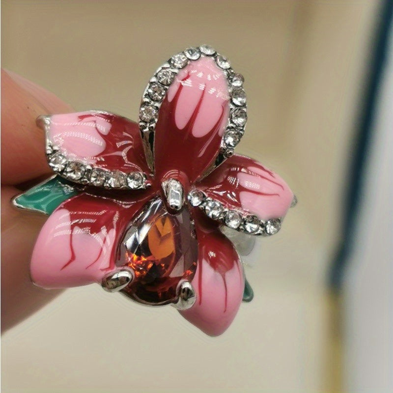 Luxury Rose Flower Ring Inlaid Water Drop Shape Zircon Party Jewelry Gift For Women