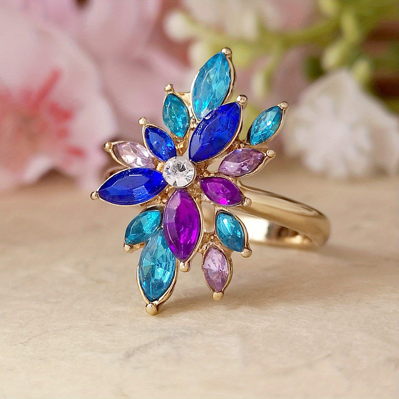 Boho Flower Ring Inlaid Multi Color Zircons Creative Design For Female Engagement Wedding Ring Evening Party Decor