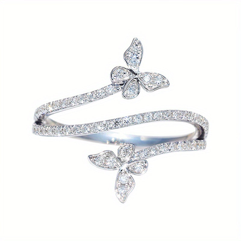 Elegant Wrap Ring Inlaid Zircon Silver Plated Butterfly Shape Engagement Wedding Jewelry Match Daily Outfits Party Accessory