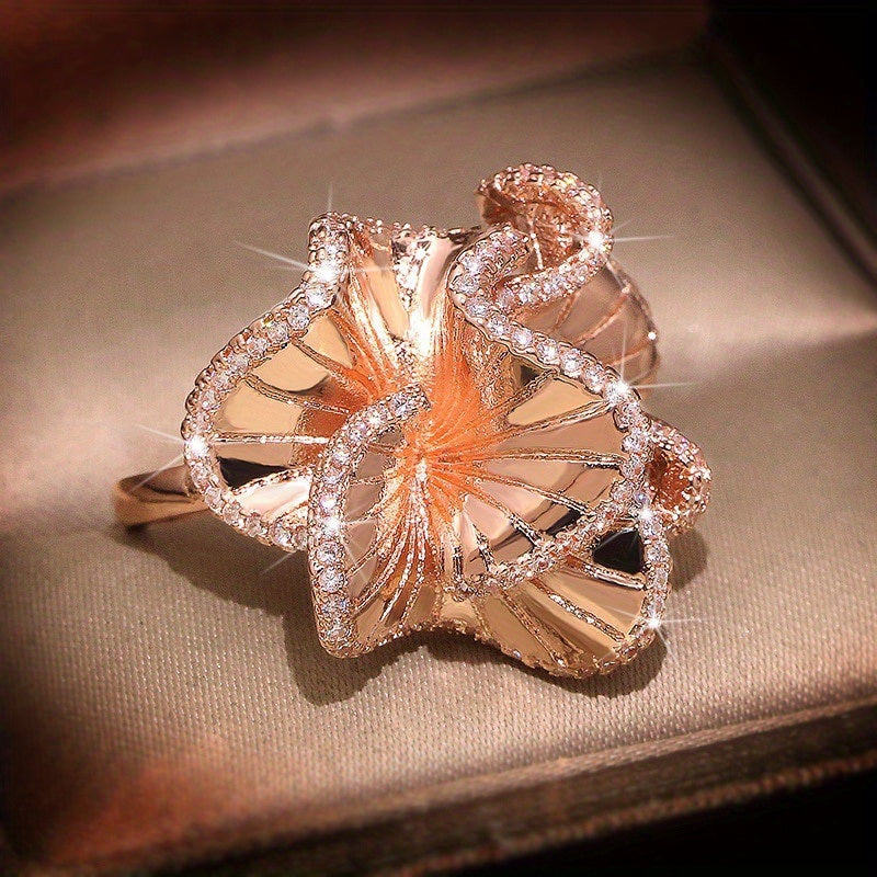 Elegant Camellia Flower Wedding Ring Inlaid Shiny Zircon Engagement Bridal Ring Trendy Jewelry