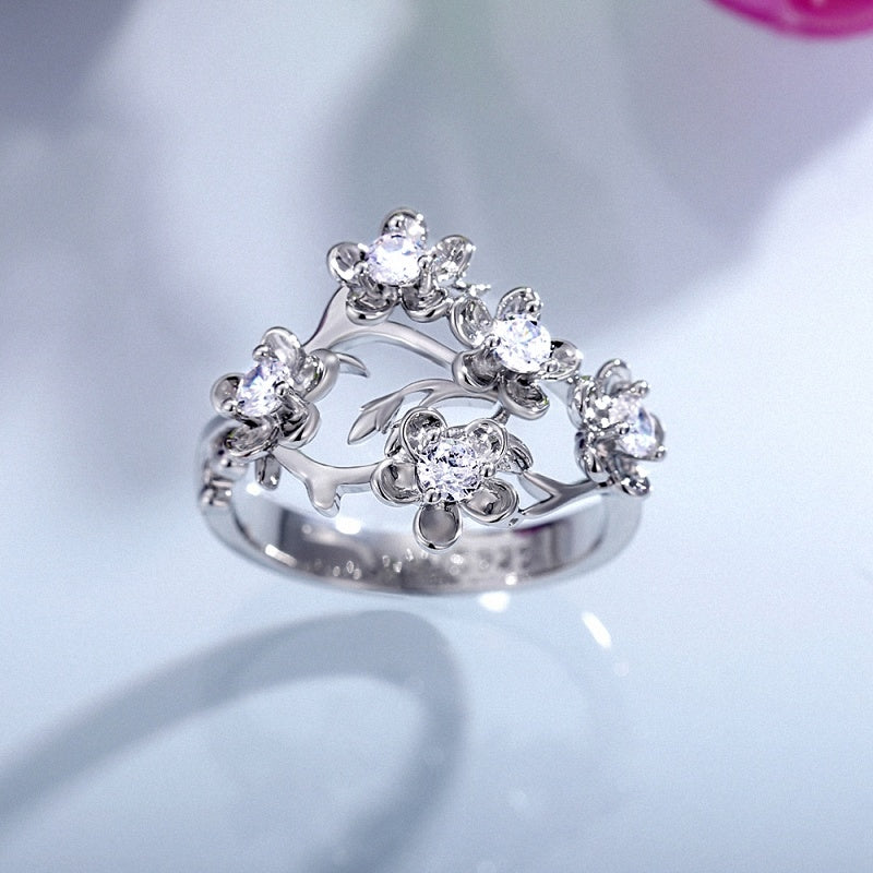 Fashion Elegant Ladies Silver Ring Engagement Wedding Romantic Flower Cubic Zirconia Rings For Women Finger Ring Jewelry