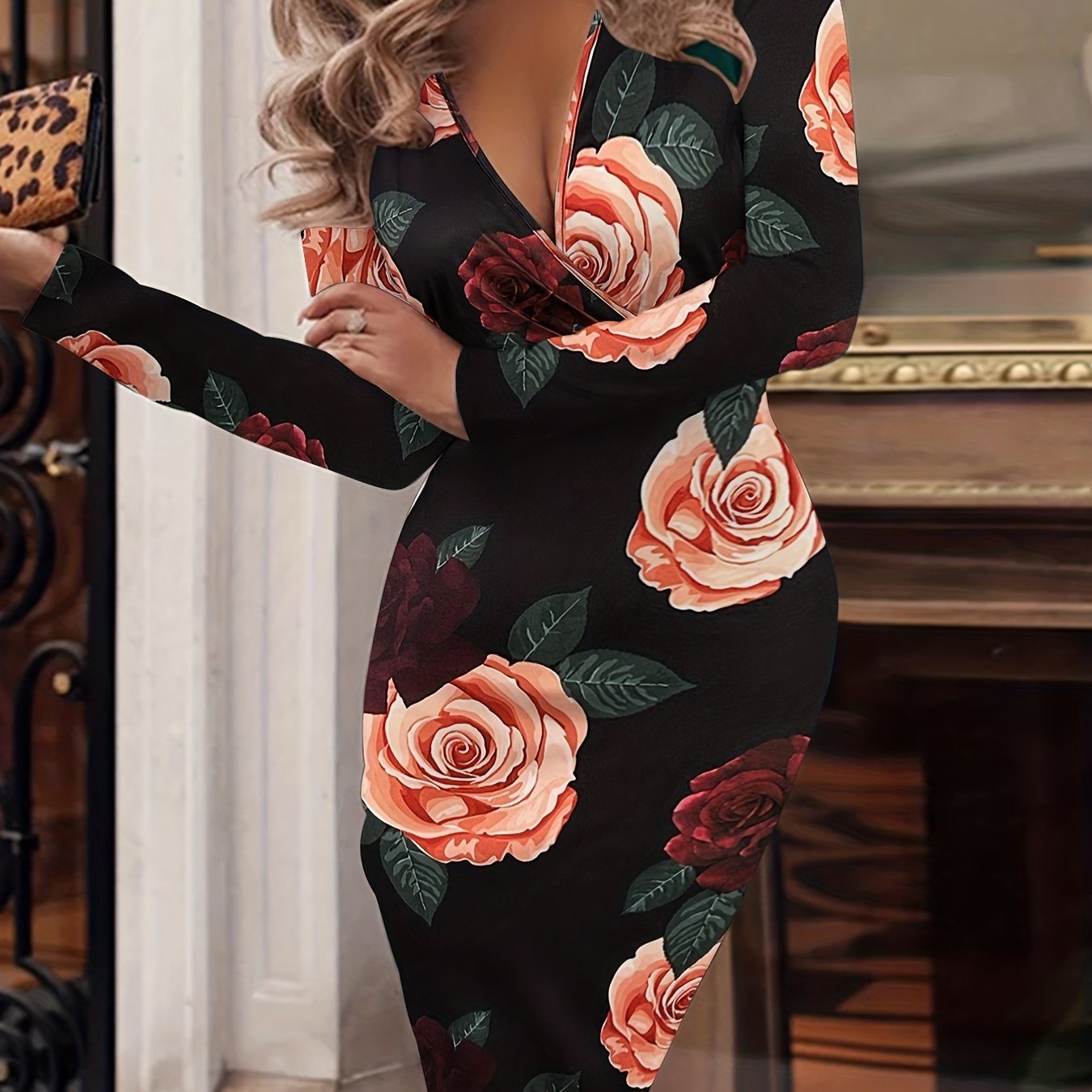 Floral Print Surplice Neck Dress, Sexy Long Sleeve Bodycon Dress, Women's Clothing