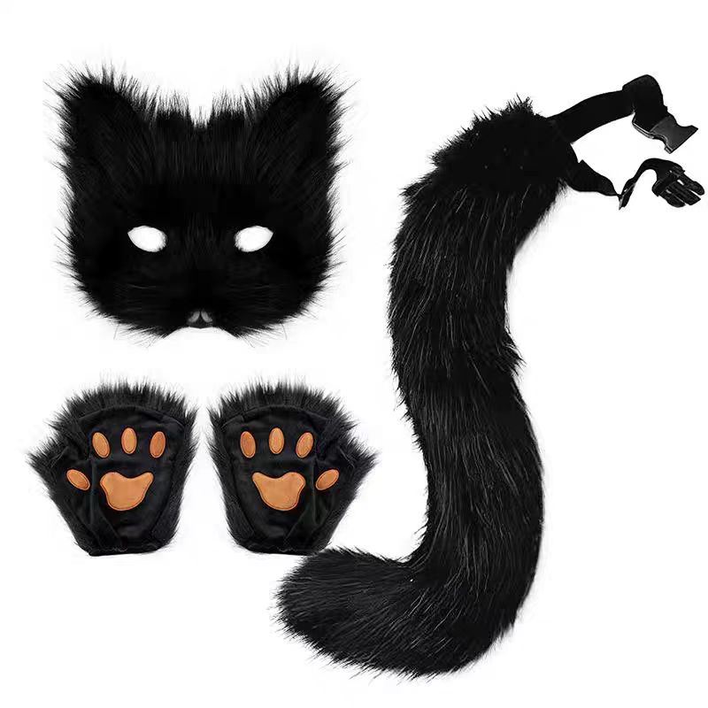 Faux Fur Fox Tail Cat Wolf Cosplay Costume Set Plush Mask Fluffy Paw Gloves Halloween Christmas