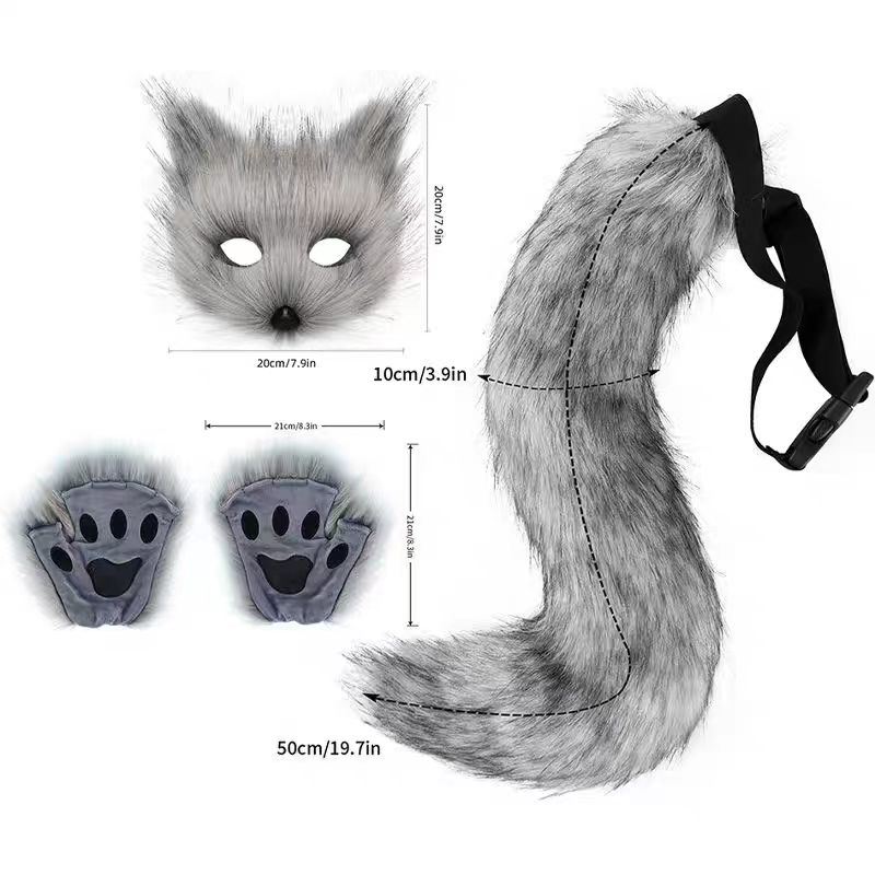 Faux Fur Fox Tail Cat Wolf Cosplay Costume Set Plush Mask Fluffy Paw Gloves Halloween Christmas