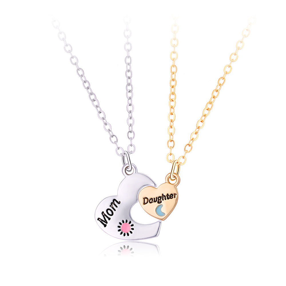 Mother & Daughter Heart Necklace Splicing Engraved Letter Love Necklace For Mom Mother's Day Gift