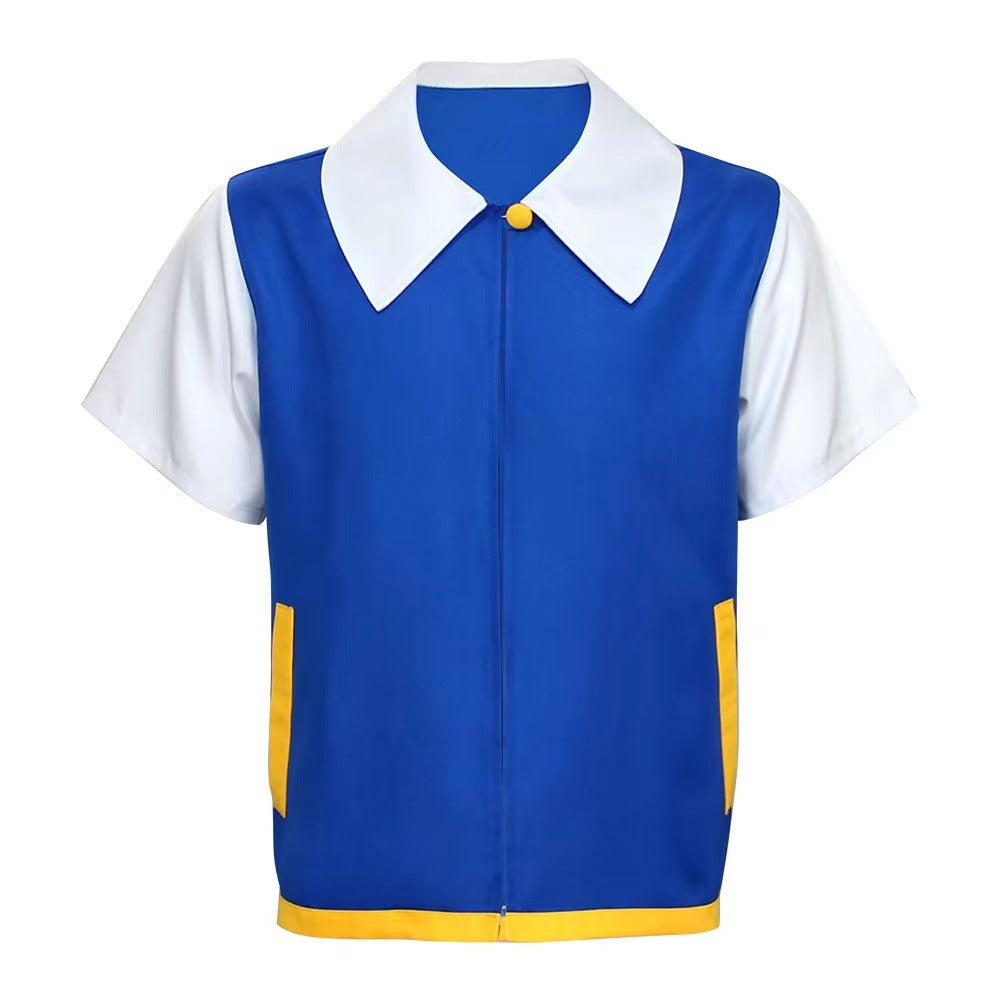 Kids Creative Cosplay Ash Ketchum Blue Jacket Anime Figure Role-playing Show Clothes Trainer Cap And Gloves Set
