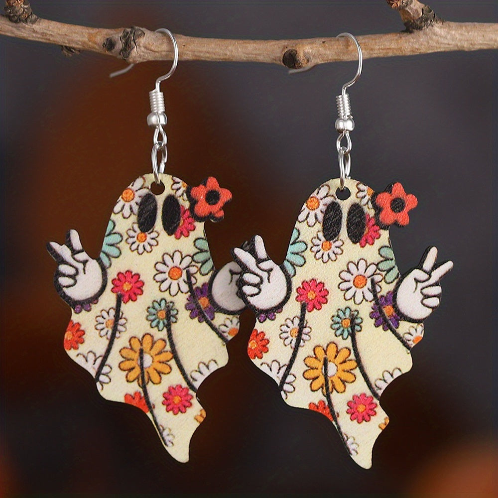 Halloween Vintage Colorful Flower Print Ghost Design Dangle Earrings Wooden Jewelry Funny Personality Female Gift