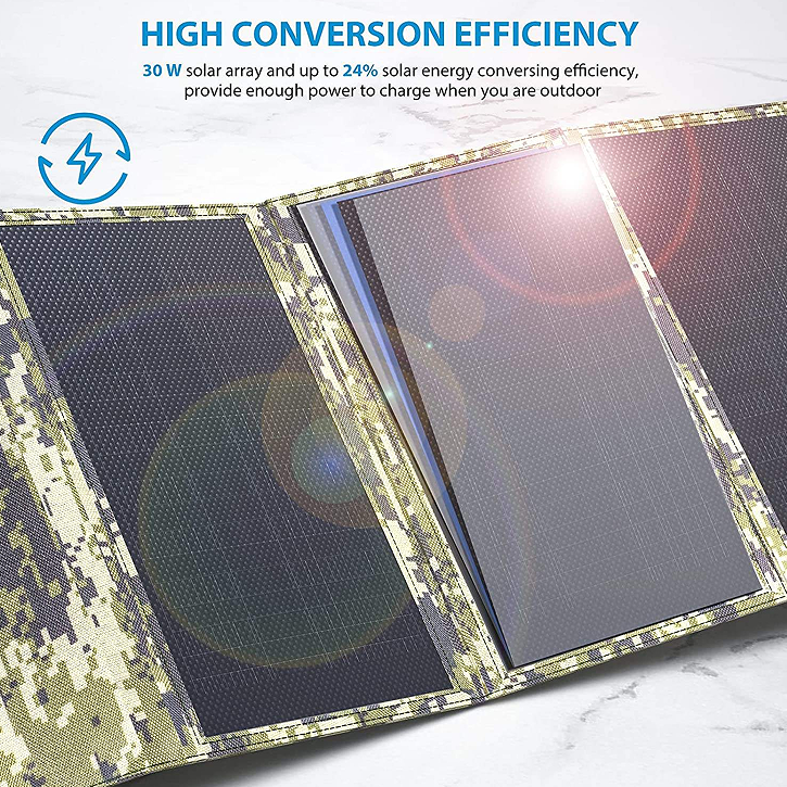 Outdoor mobile solar power generation panel 30W (3 fold integrated laminated belt bracket), battery conversion efficiency 24%,5V/3A,9V/1.5A DO 3.0, US