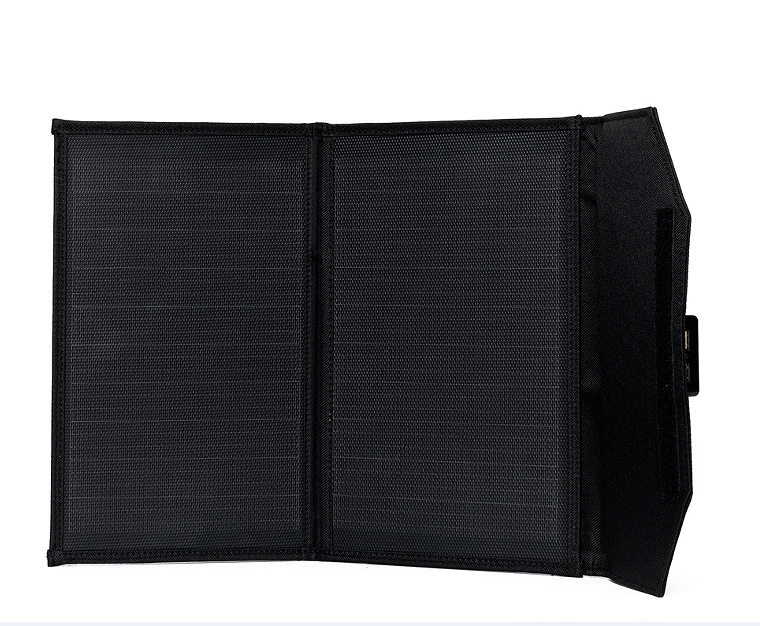 outdoor mobile solar power generation panel 15W (two-fold integrated laminated belt bracket), battery conversion efficiency 24%,5V/3A,9V/1.5A, USB + T