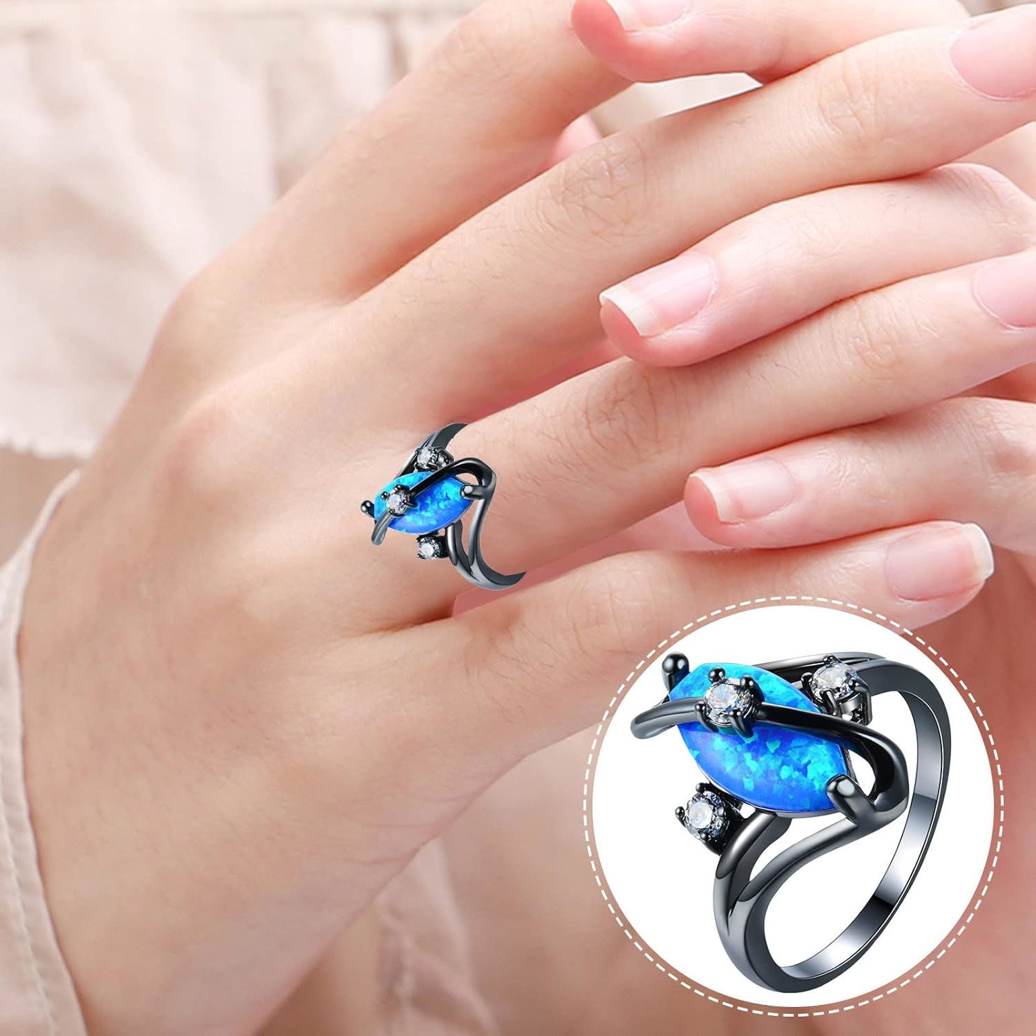 Unique Horse Eye Blue/White Fire Opal Stone Rings For Women Silver Color Luxury Zircon Wedding Jewelry Promise Engagement Ring