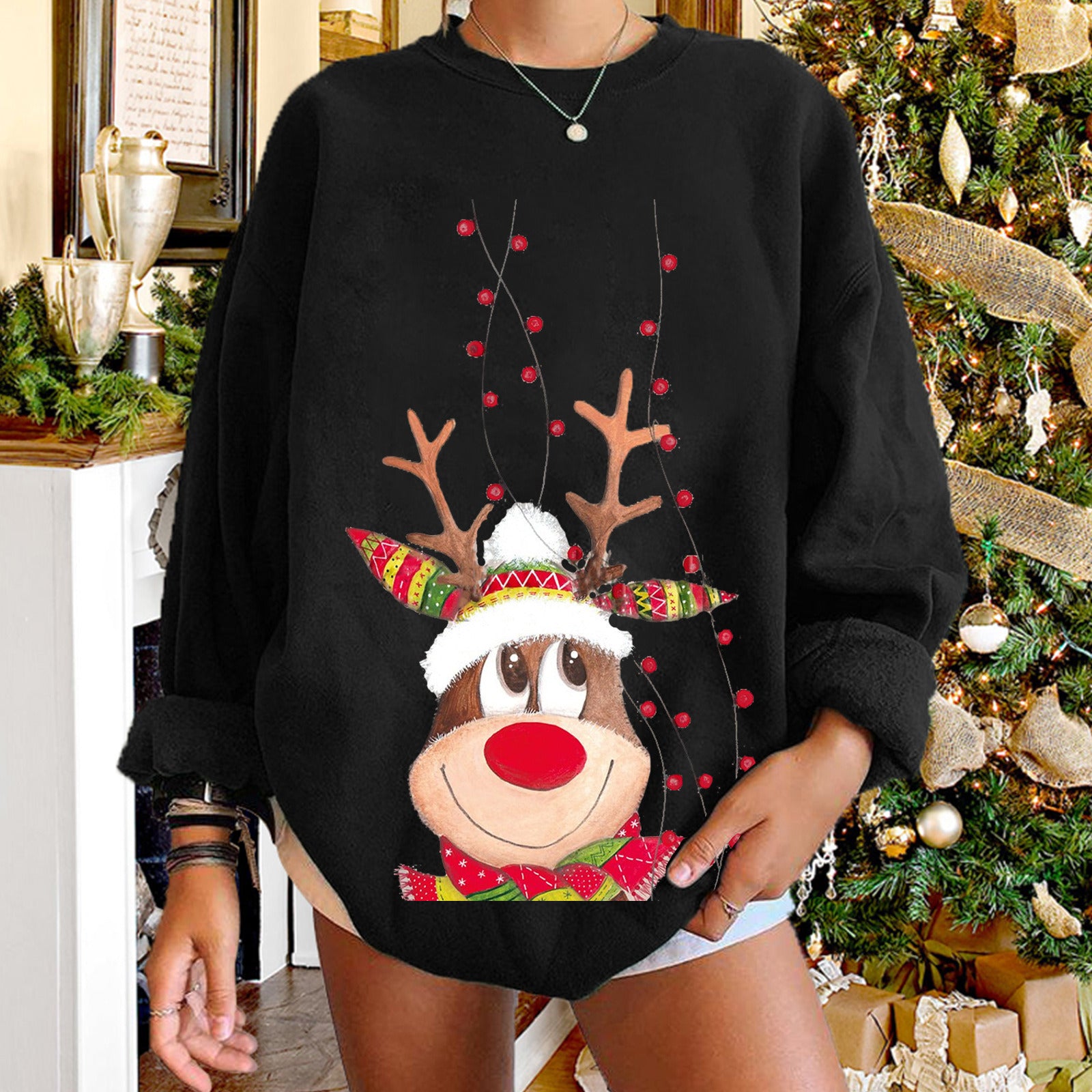 Women's Christmas Oversized Sweatshirts Long Sleeve Fleeced Funny Cute Reindeer Print Holiday Pullover