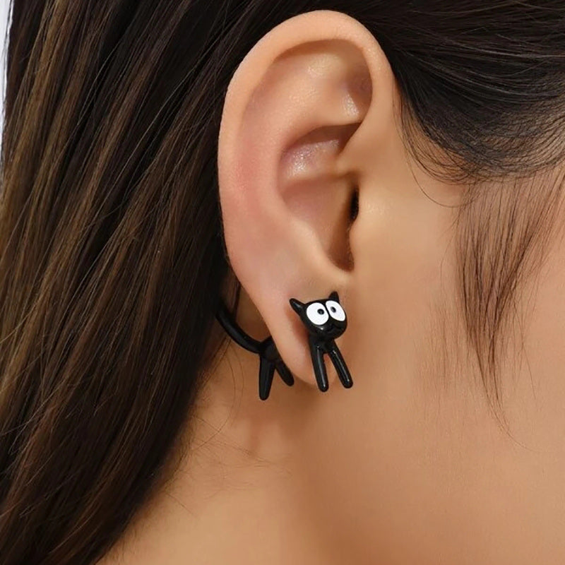 Cute Black Cat Front And Back Stud Earrings For Women Girls Creative Gift 1Pair