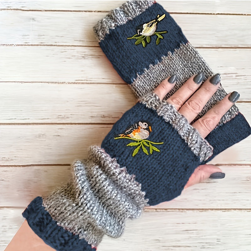 Color Block Half Finger Gloves Bird Embroidery Warmer Knit Gloves Vintage Thick Stretchy Fingerless Gloves