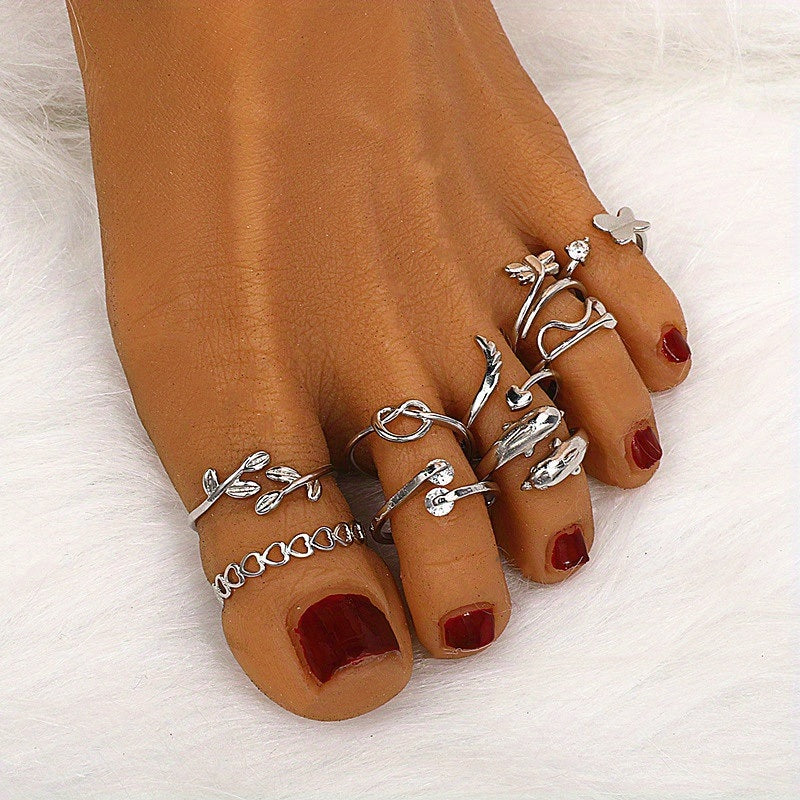 9 Pcs Adjustable Foot Ring Set - Snake, Butterfly, Dragonfly, Dolphin, Heart, Leaf, etc.