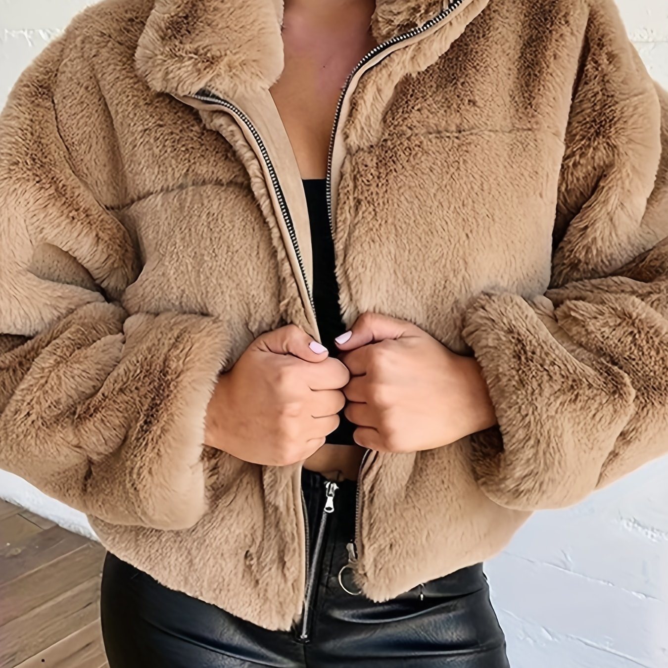 Solid Zip Up Fuzzy Coat, Casual Long Sleeve Lapel Outwear, Women's Clothing