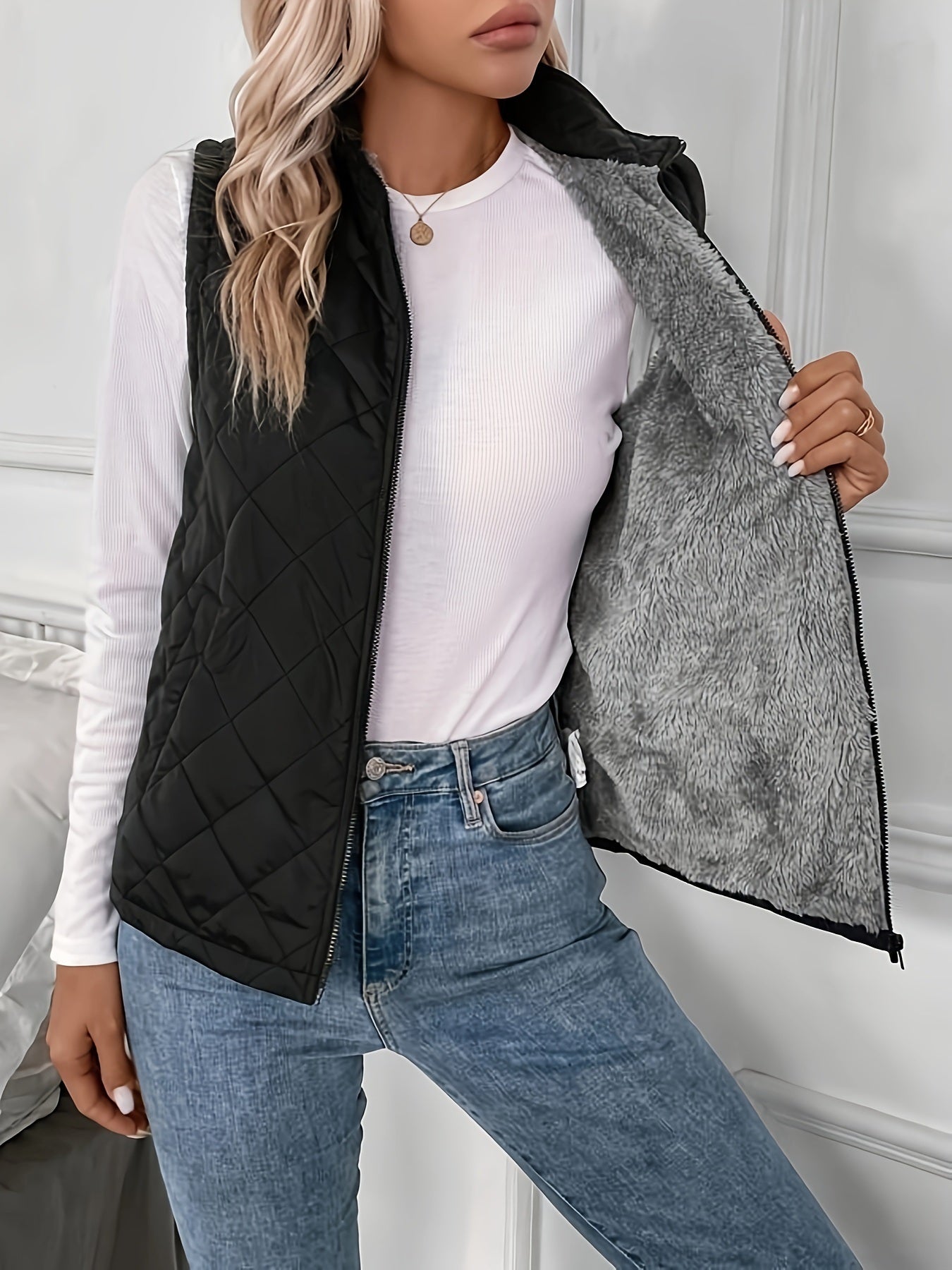 Argyle Pattern Fall & Winter Vest, Casual Zip Up Sleeveless Vest, Women's Clothing