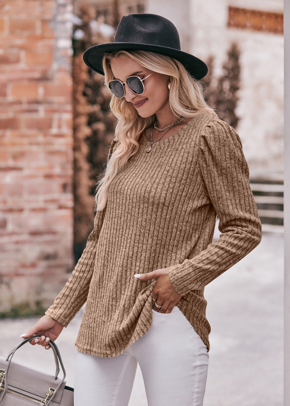 Women's Sweater Puff Long Sleeve Shirts Casual Knit Blouses Crew Neck Elegant Tunic Tops