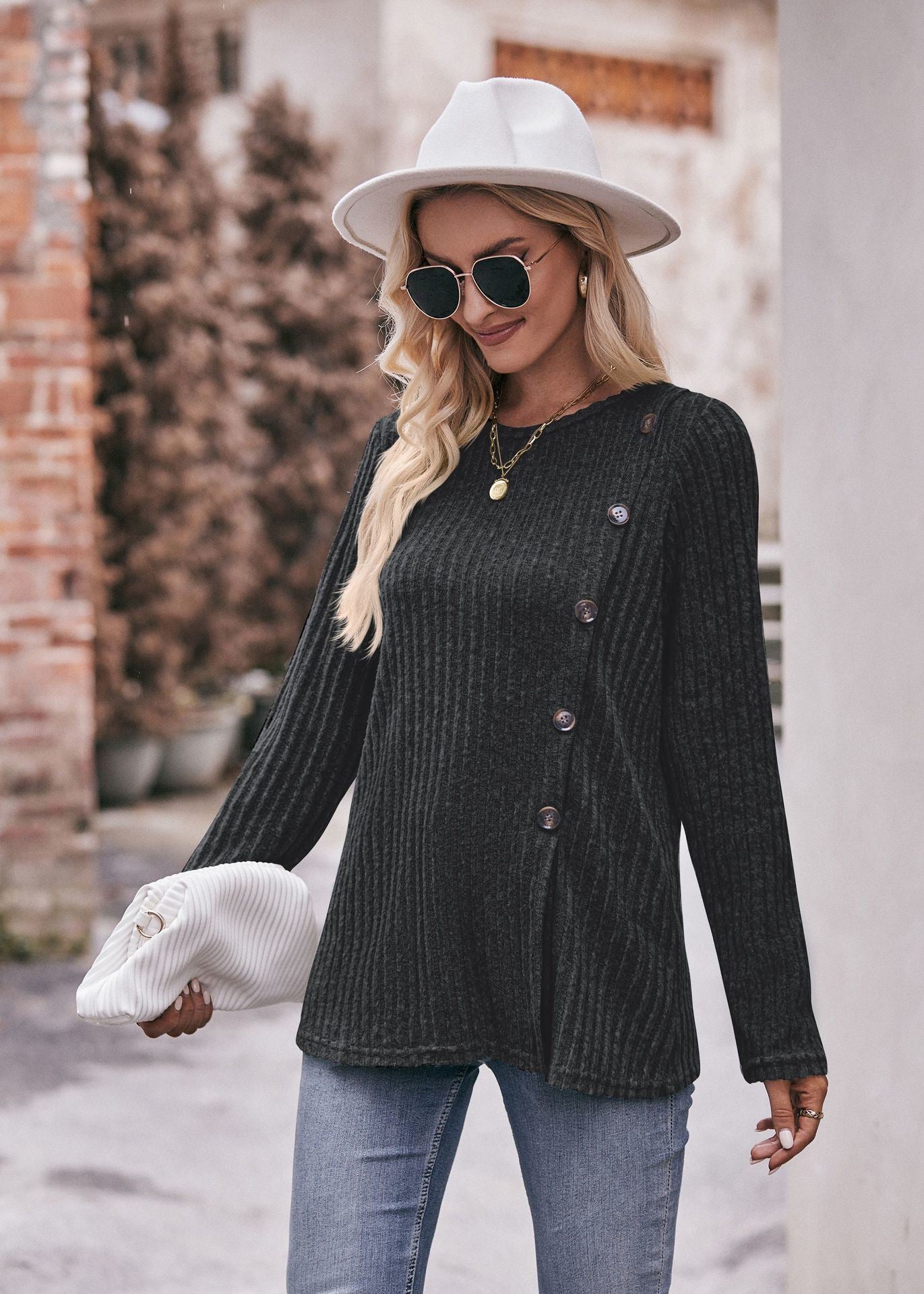 Women's Sweater Solid Long Sleeve Knit Crew Neck Button Stretch Casual Pullover Sweater Tunics