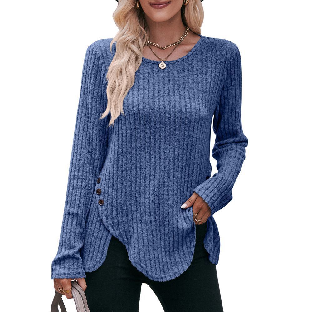 Women's Knit Sweater Round Neck Hem Solid Button Down Long Sleeve Tunics Blouses 6 Colors