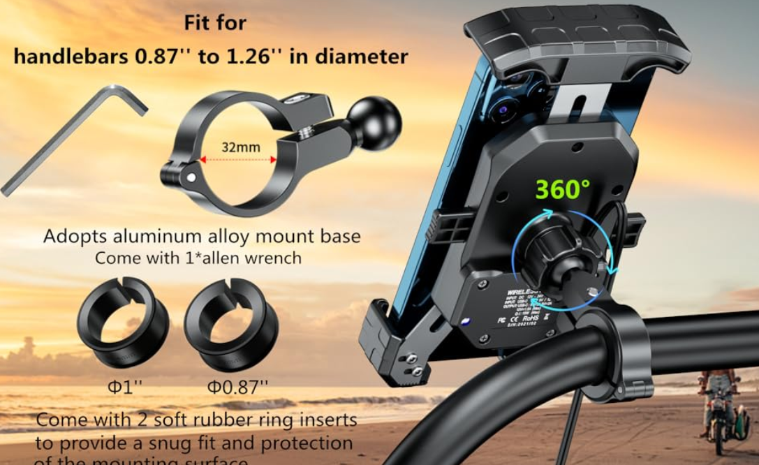 Car Qi 15W, wireless and USB C 20W fast charging waterproof motorcycle mobile phone bracket.