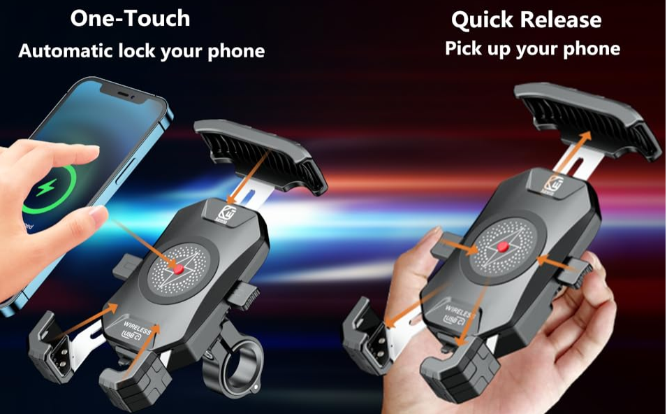 Car Qi 15W, wireless and USB C 20W fast charging waterproof motorcycle mobile phone bracket.