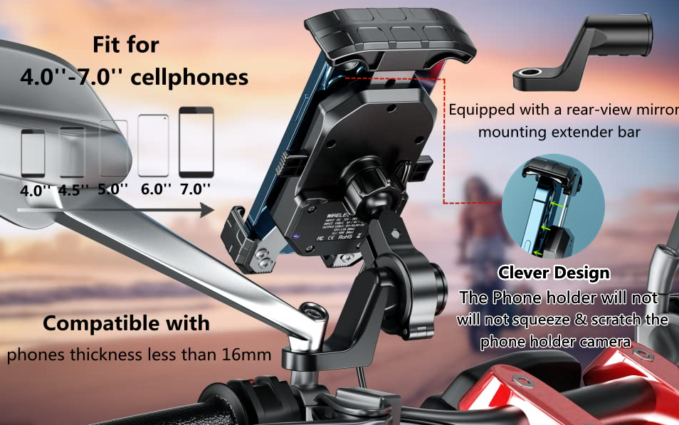 Car Qi 15W, wireless and USB C 20W fast charging waterproof motorcycle mobile phone bracket.