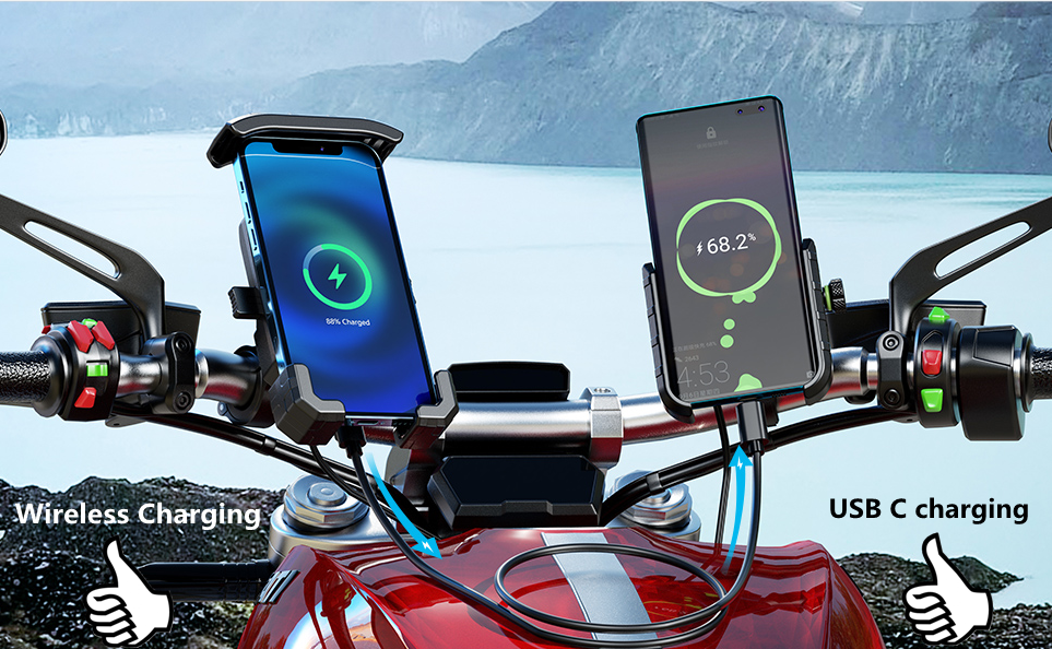 Car Qi 15W, wireless and USB C 20W fast charging waterproof motorcycle mobile phone bracket.