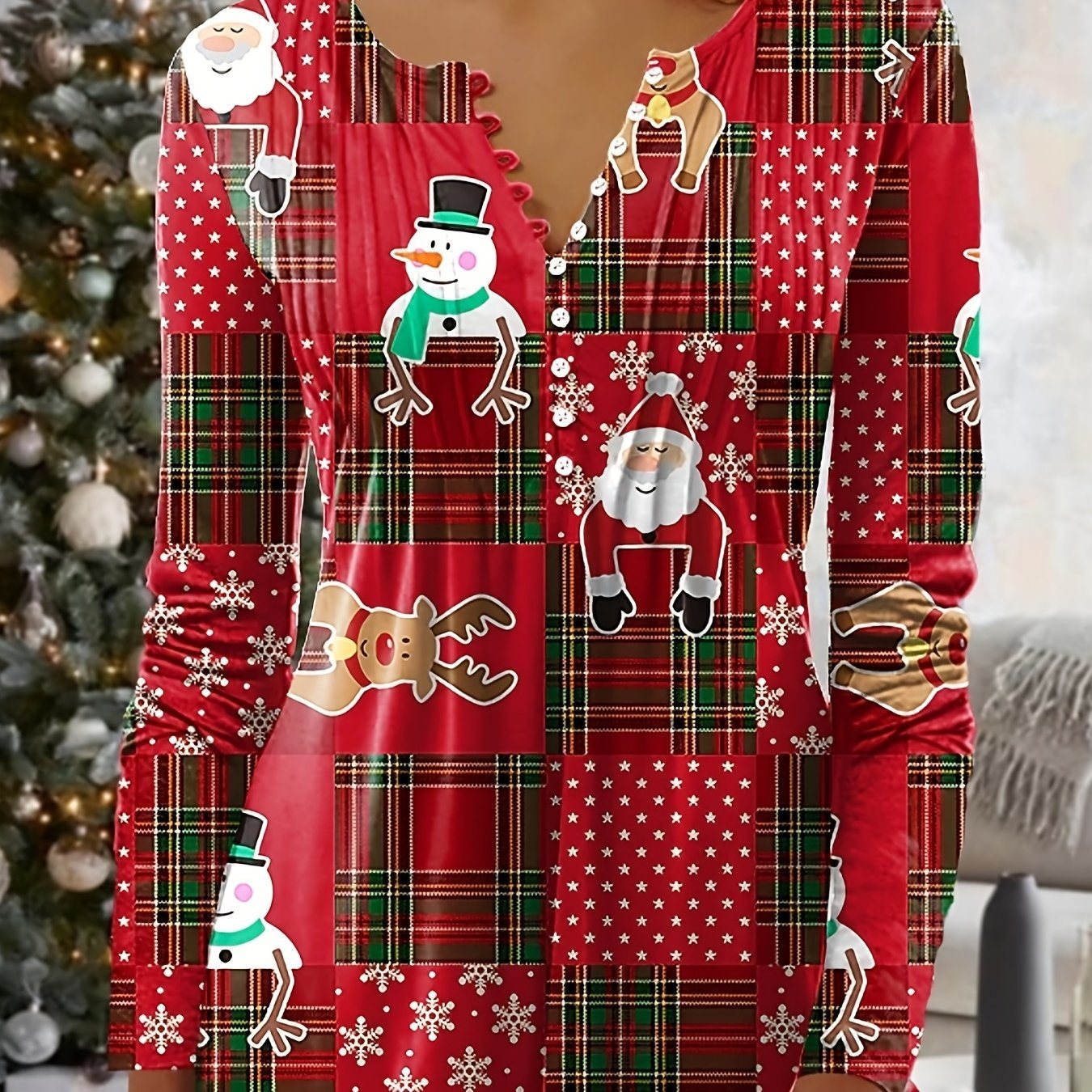 Plus Size Christmas Blouse, Women's Plus Colorblock Santa Claus & Snowman Print Long Sleeve Notched Neck Slight Stretch Henley Shirt