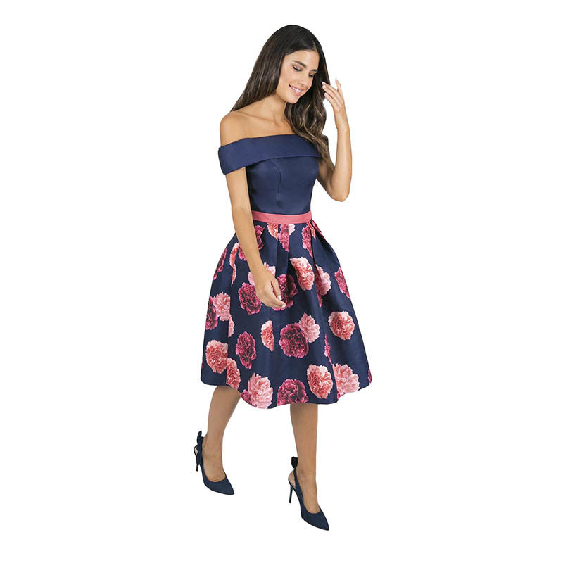 L36702 Casual Printed Off Shoulder Midi Dress