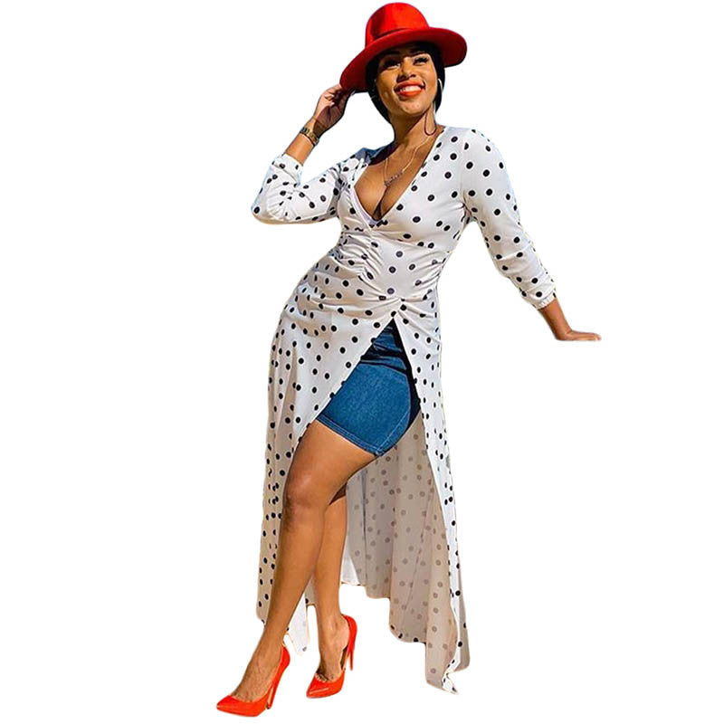 Printed Polka-dot V Neck Split Long Dress