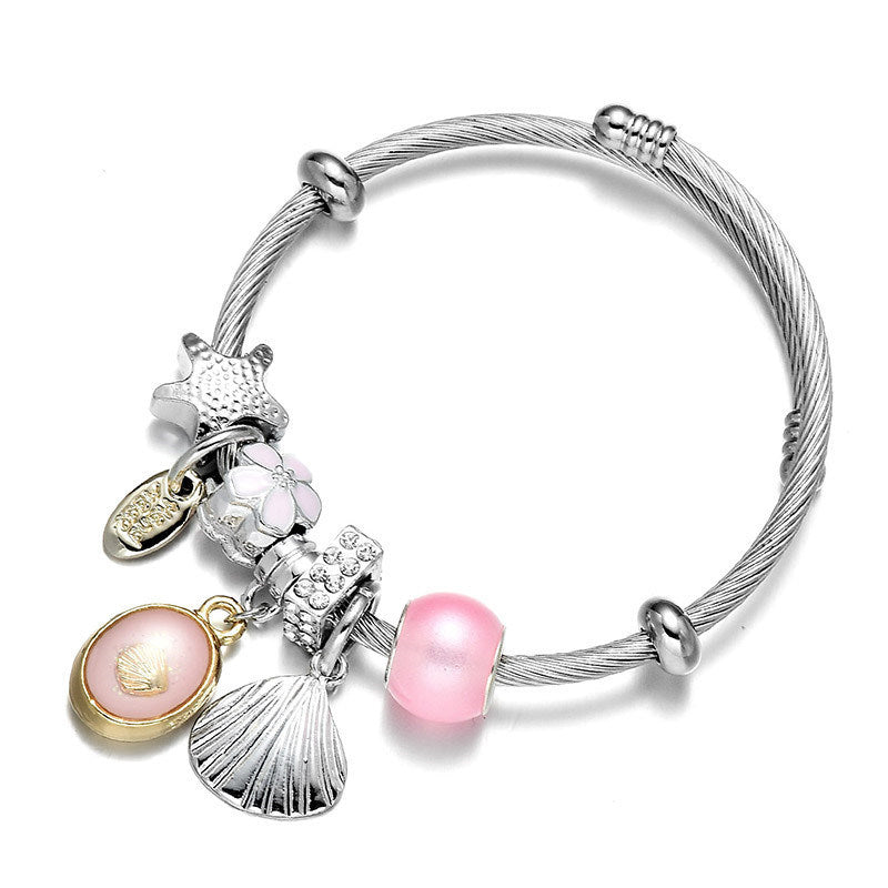 Bangle Bracelet Sea Shell Charm Wrap Silver Fashion Jewelry Stainless Steel Bracelet for Women