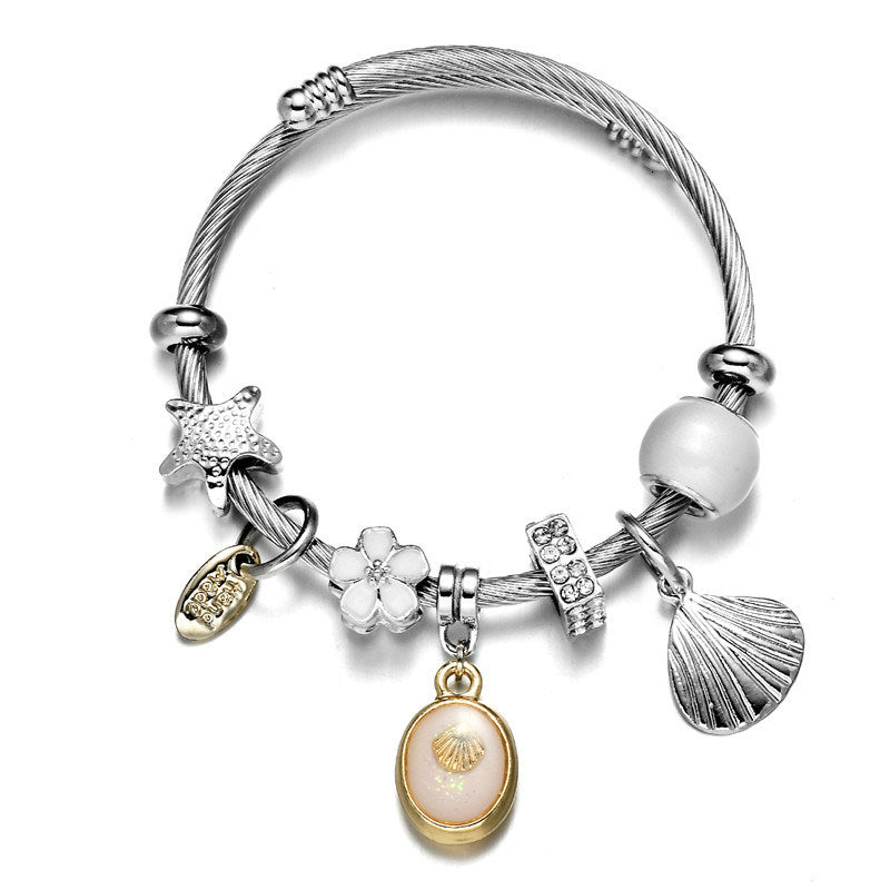 Bangle Bracelet Sea Shell Charm Wrap Silver Fashion Jewelry Stainless Steel Bracelet for Women