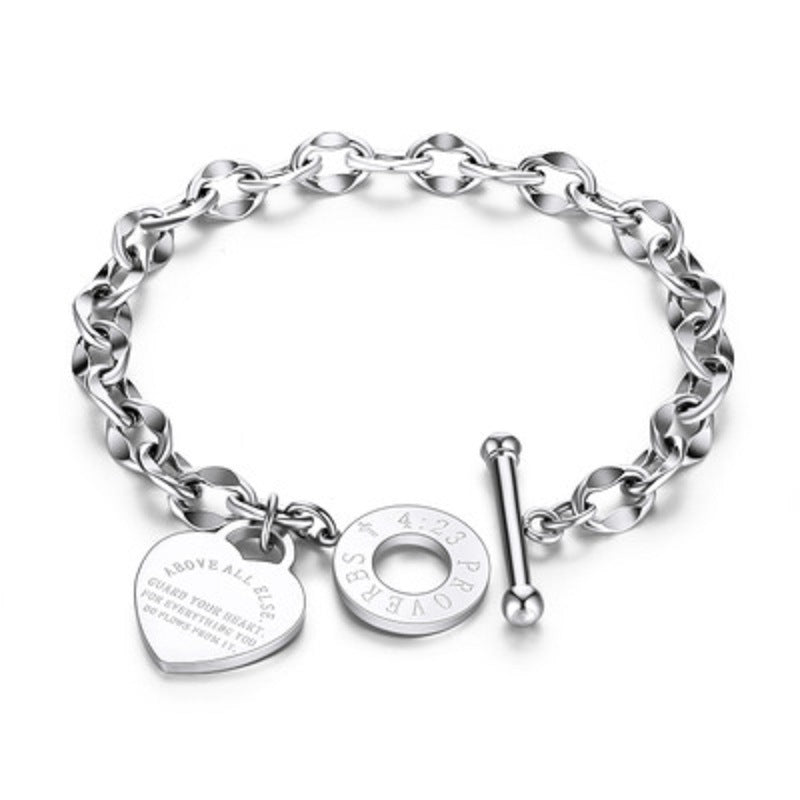 Bracelet Bible Verse Prayer Proverbs 4:23 Love Stainless Steel Link Chain with Heart Charms Bracelet for Women