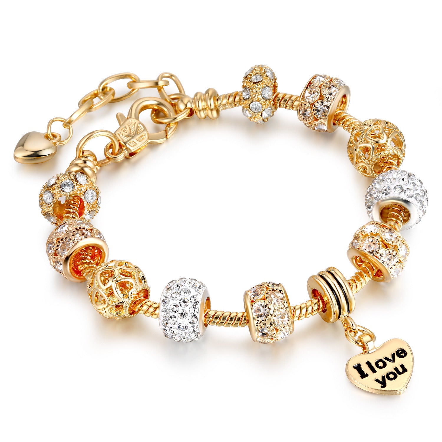 Heart Charm Bracelet with Extender Gold Plated Snake Chain Bracelets CZ Crystal Beads Charms Bracelets