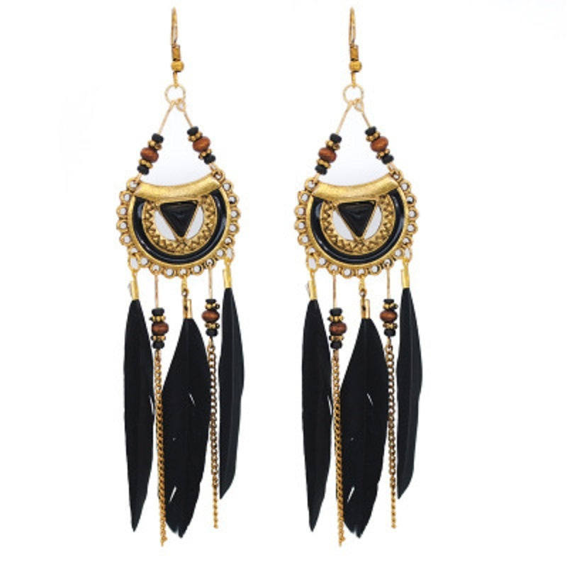 Vintage Bohemian Feather Tassel Dangle Earrings Hollow Out Drop Earrings for Women