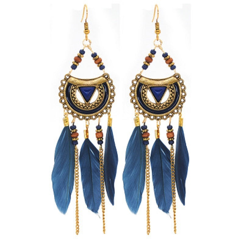 Vintage Bohemian Feather Tassel Dangle Earrings Hollow Out Drop Earrings for Women