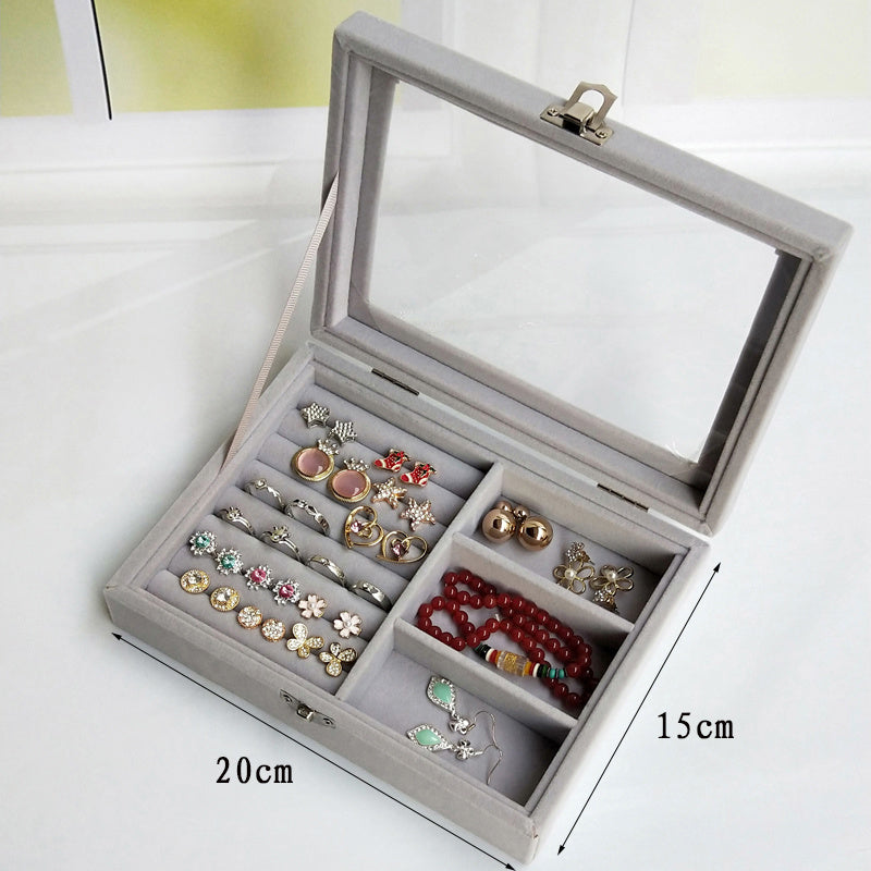 Velvet Glass Ring Earring Jewelry Display Organizer Box Tray Holder Storage Case