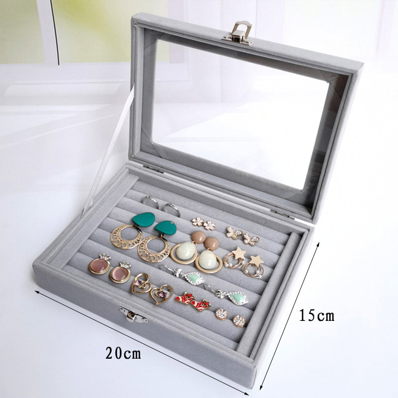 Velvet Glass Ring Earring Jewelry Display Organizer Box Tray Holder Storage Case