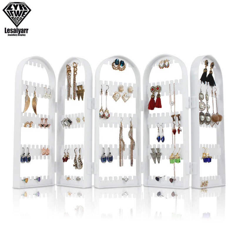 2/3/4 Fans Panels Screen Folding Clear Earrings Studs Display Rack Necklace Jewelry Shelf Stand Holder Organizer Storage Box